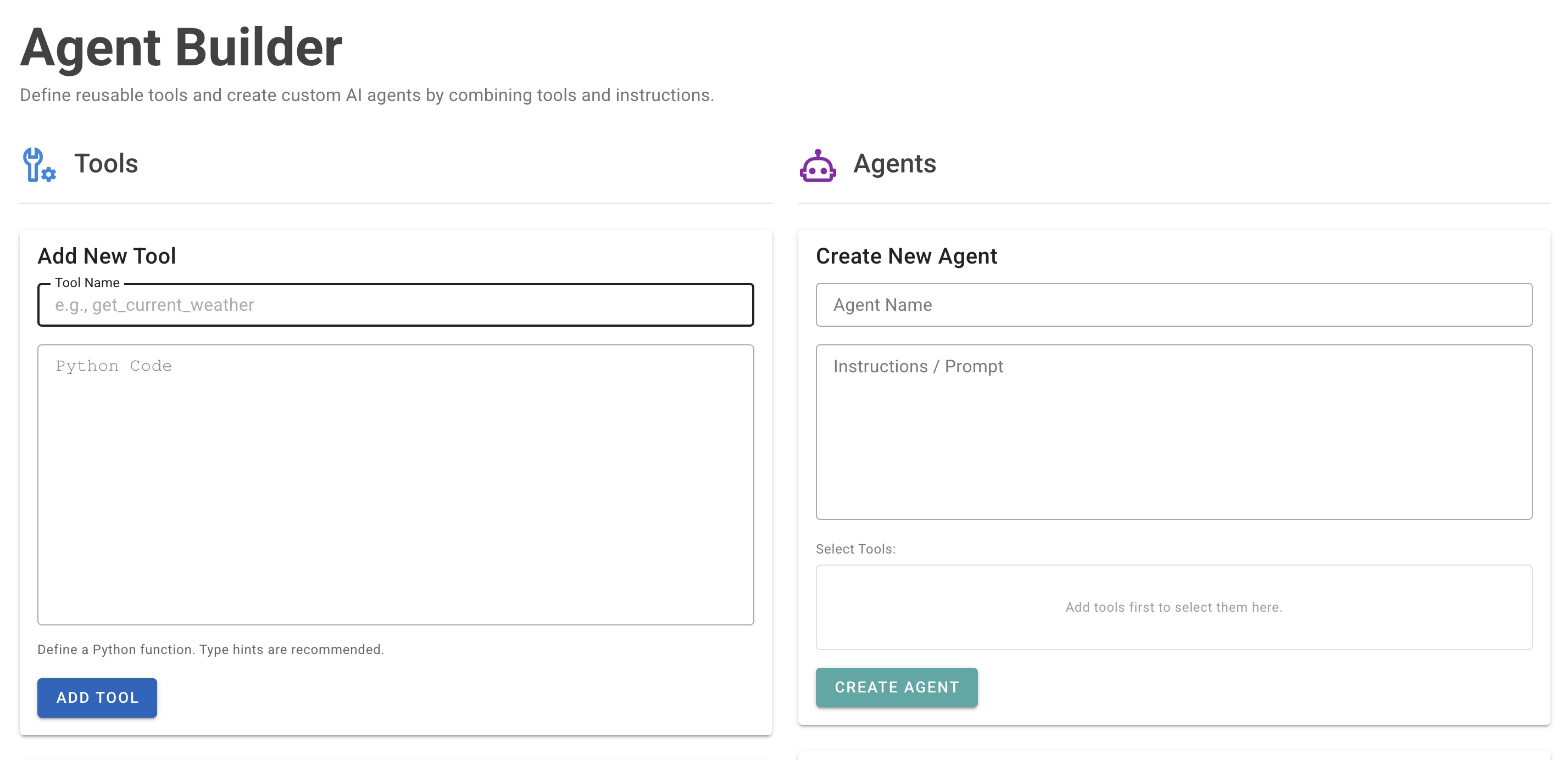 AI Agent Builder interface with custom tooling options